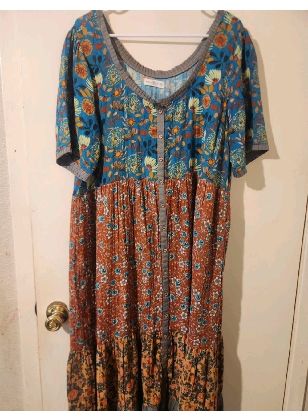 NATURAL LIFE Blue & Brown Floral Tiered Button-Front Maxi Dress Sz XL
